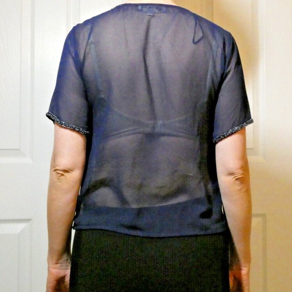 Navy Chiffon Blouse Beaded Top Sheer Dinner Dance Cocktail Party UK 10 = US 6 - Picture 3 of 9